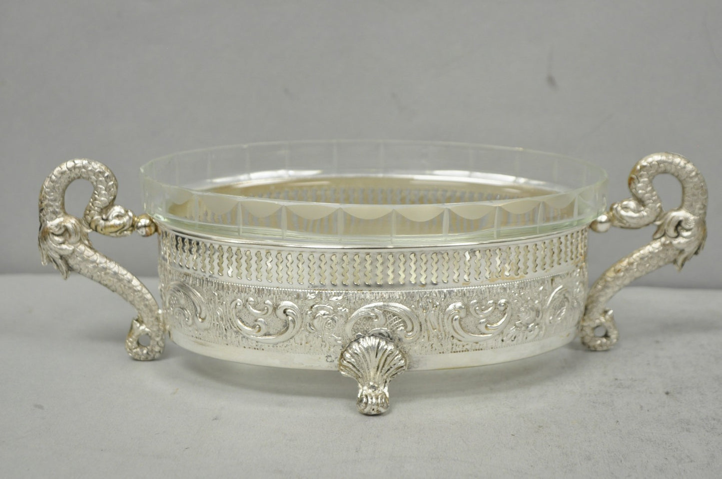 Vintage Italian Regency Silver Plated Dolphin Handle Glass Candy Dish Jardiniere