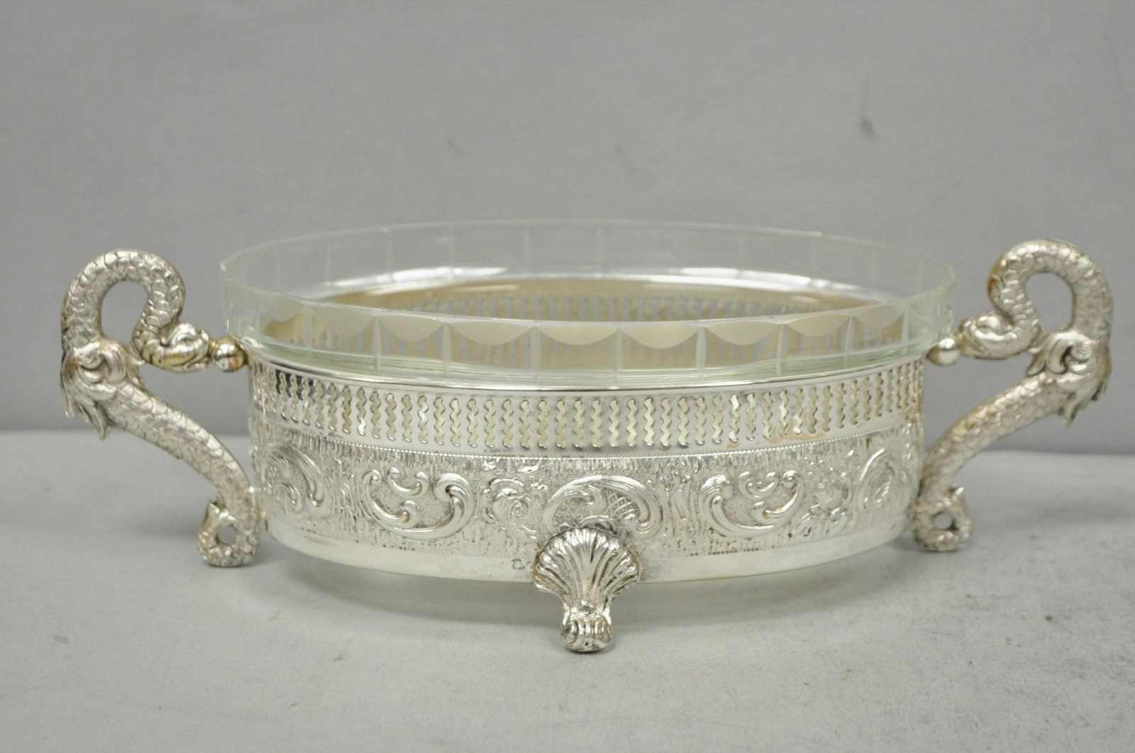 Vintage Italian Regency Silver Plated Dolphin Handle Glass Candy Dish Jardiniere