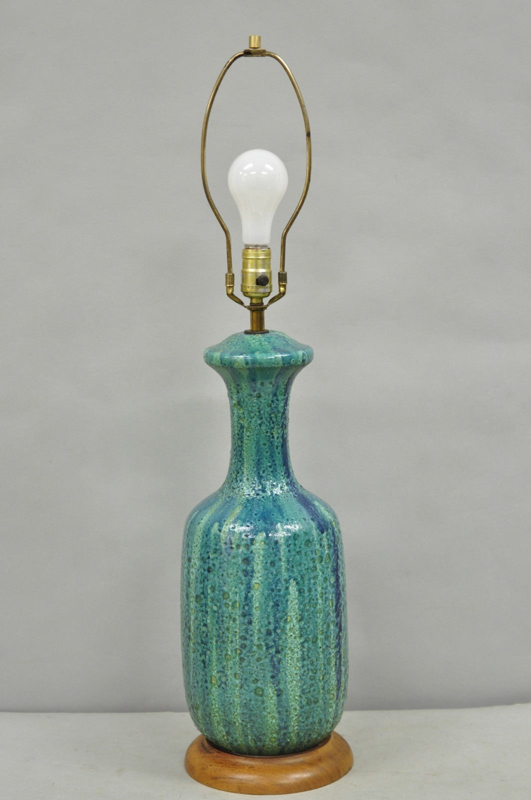 Vintage Mid Century Modern Turquoise Blue Ceramic Drip Glazed Pottery Table Lamp