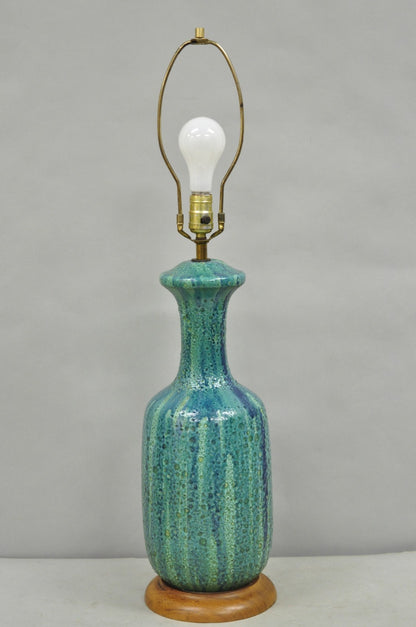 Vintage Mid Century Modern Turquoise Blue Ceramic Drip Glazed Pottery Table Lamp