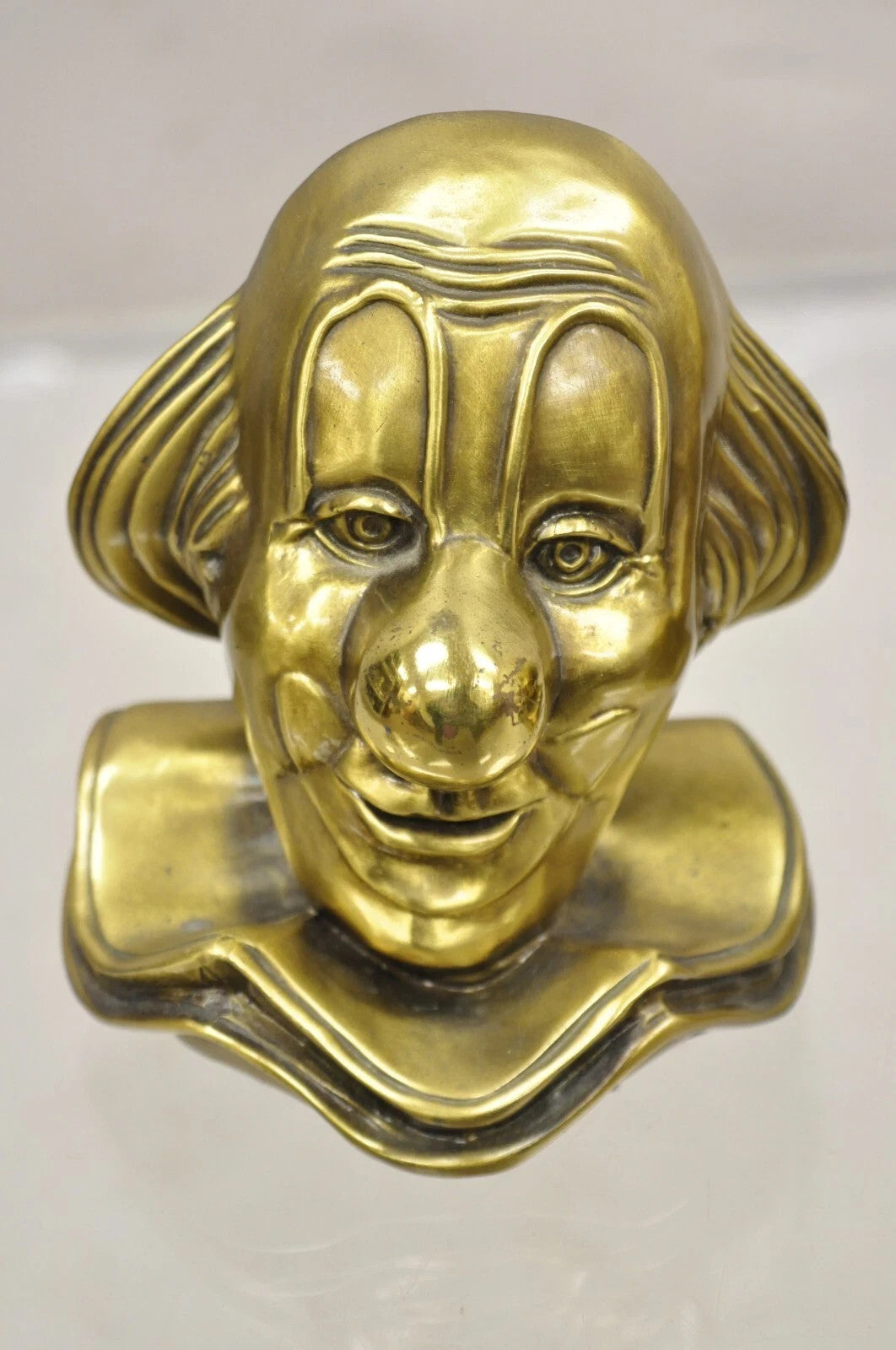 Vintage PM Craftsman Art Deco Brass Figural Clown Head Bookends - A Pair