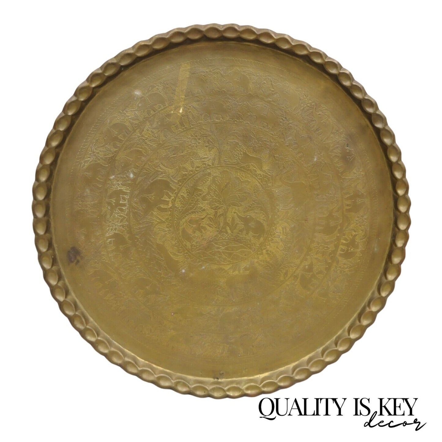 Vintage Moroccan Middle Eastern Large Brass Animal Engraved 46" Round Tray Top