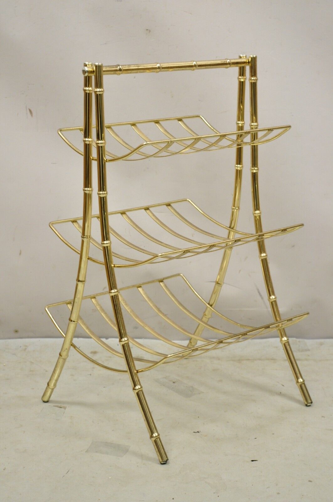 Vintage Gold Metal Faux Bamboo 3 Tier Hollywood Regency Magazine Rack Stand