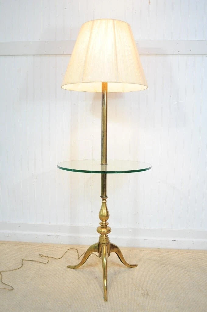 Vintage Queen Anne Style Solid Brass & Glass Occasional Floor Lamp Side Table