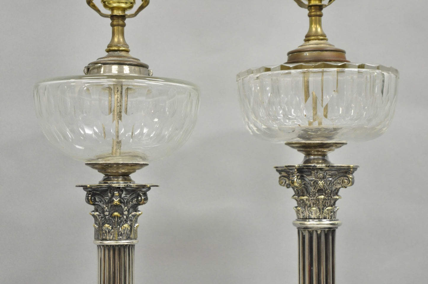 French Empire English Silver Plated Corinthian Column Table Lamp - Near Pair