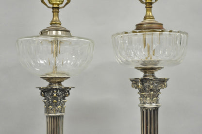 French Empire English Silver Plated Corinthian Column Table Lamp - Near Pair