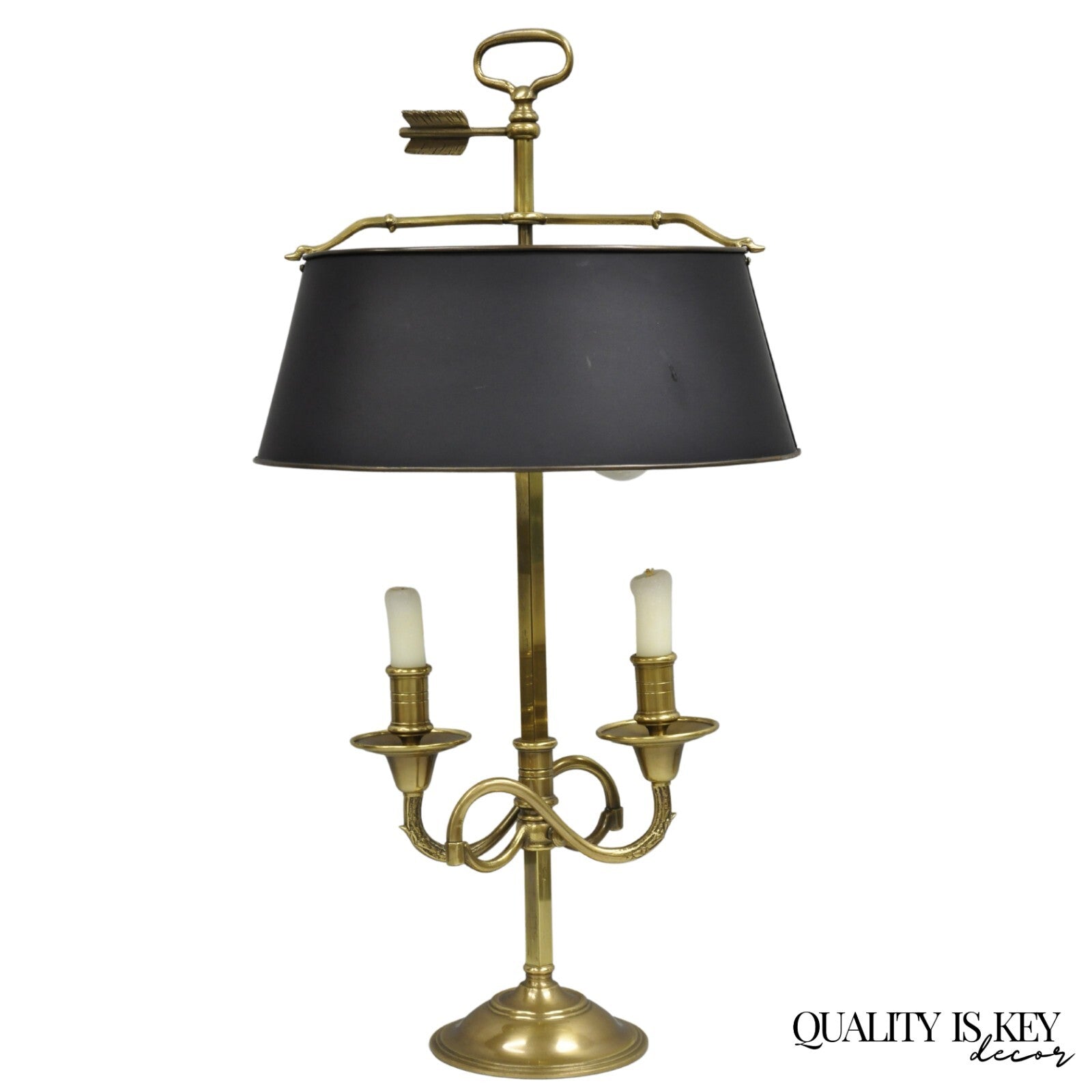 Vintage French Directoire Brass Scroll Arm Tole Metal Bouillotte Desk Table Lamp
