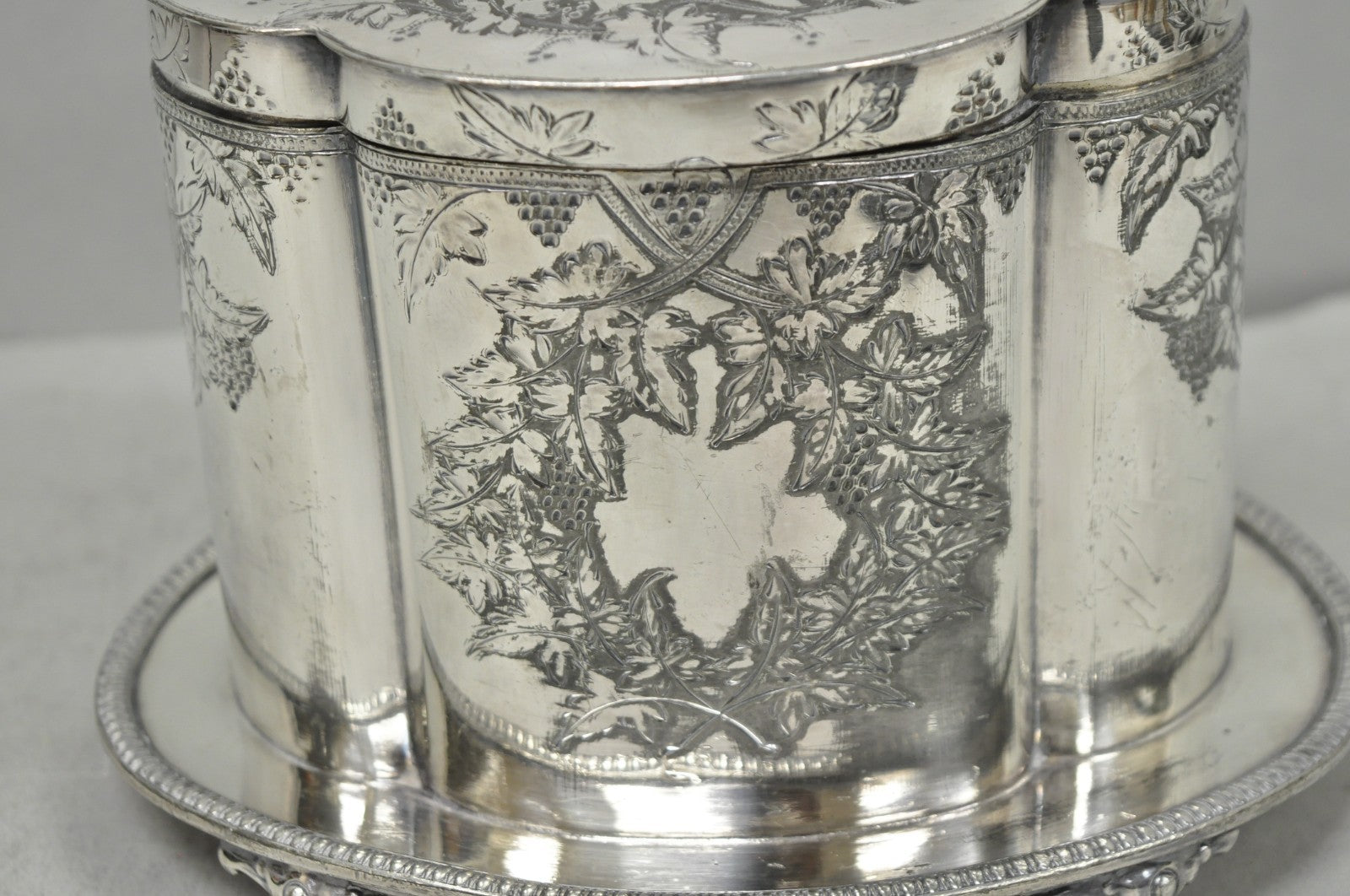 Antique Victorian Silver Plated Etched Footed Hinged Biscuit Barrel Jar on Stand