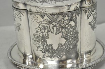 Antique Victorian Silver Plated Etched Footed Hinged Biscuit Barrel Jar on Stand