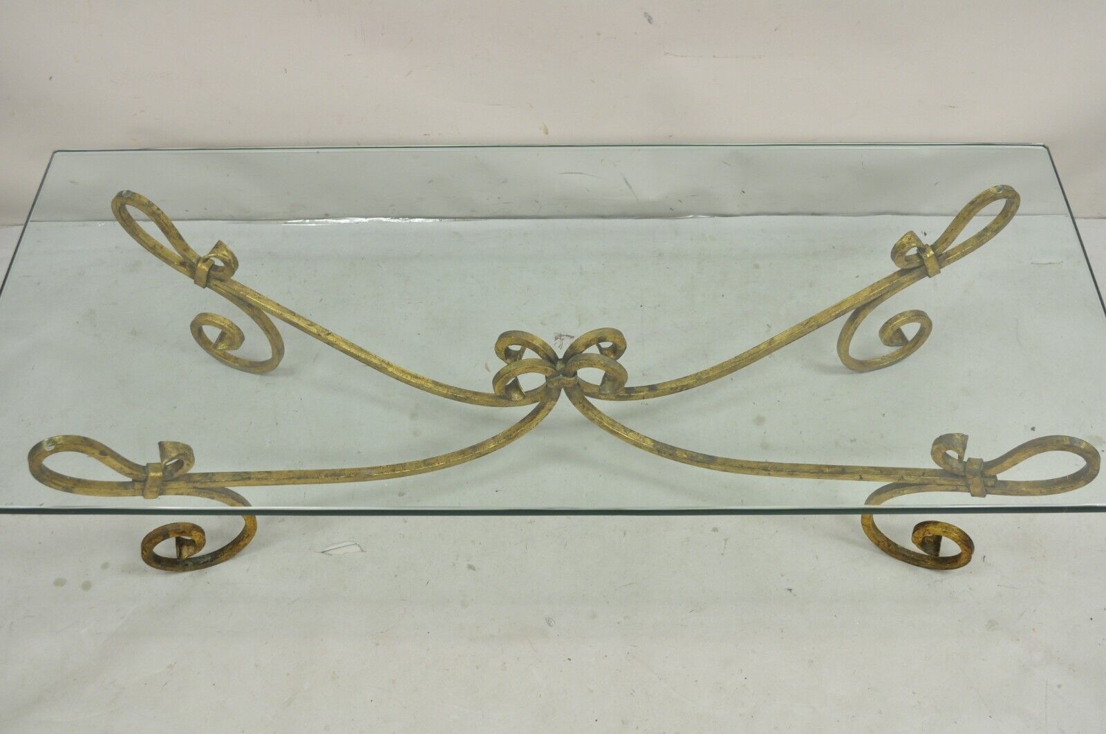 Vintage Italian Hollywood Regency Gold Gilt Iron Base Glass Top Coffee Table