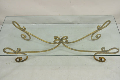 Vintage Italian Hollywood Regency Gold Gilt Iron Base Glass Top Coffee Table