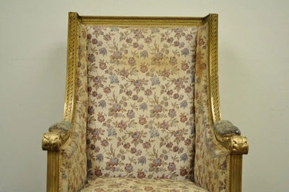 Antique French Louis XVI Victorian Gold Gilt Wood Wing Back Bergere Arm Chair