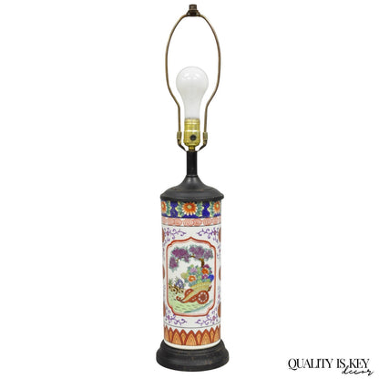 Vintage Chinoiserie Japanese Porcelain Cylinder Oriental Painted Table Lamp