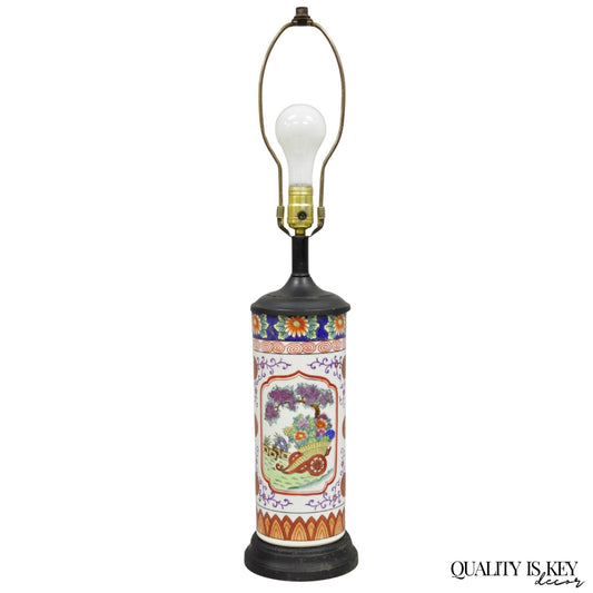 Vintage Chinoiserie Japanese Porcelain Cylinder Oriental Painted Table Lamp