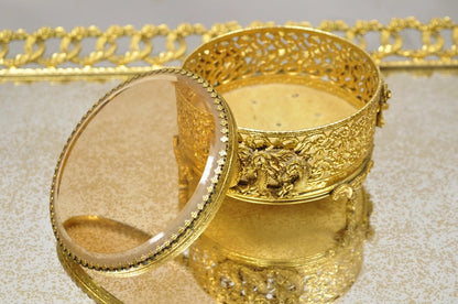 Vintage French Gold Filigree Vanity Set Perfume Clock Jewelry Box & Tray - 5 Pcs