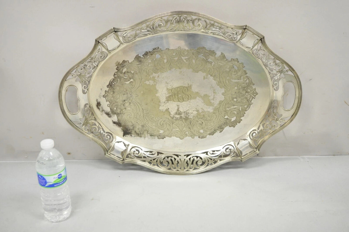 Antique D&H England Victorian Silver Plated Scalloped Serving Platter Bar Tray