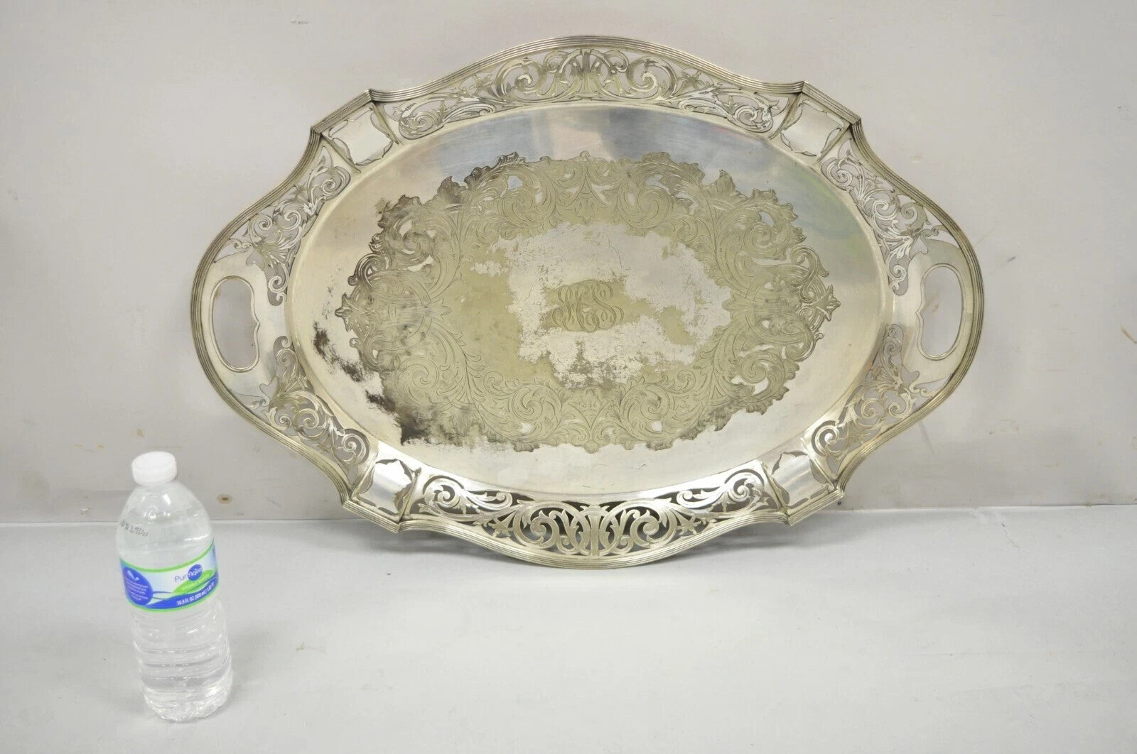 Antique D&H England Victorian Silver Plated Scalloped Serving Platter Bar Tray