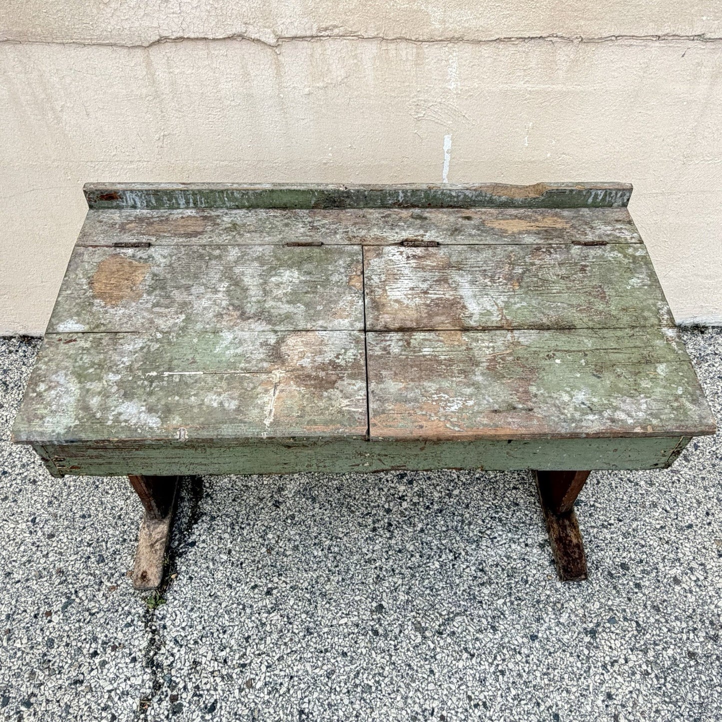 Antique French Primitive Rustic Green Distress Painted Flip Top Wood School Desk
