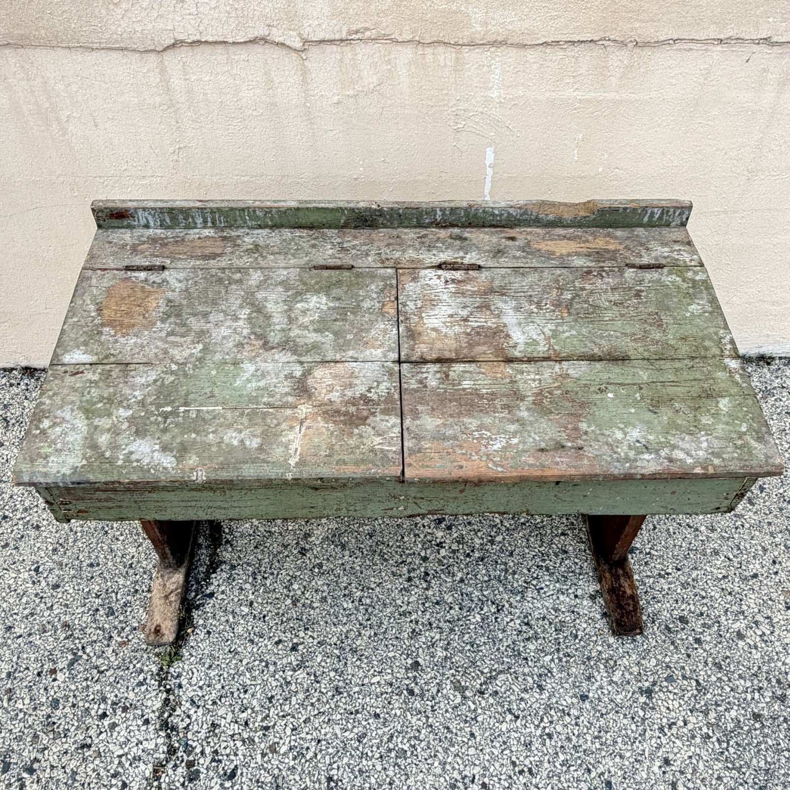 Antique French Primitive Rustic Green Distress Painted Flip Top Wood School Desk