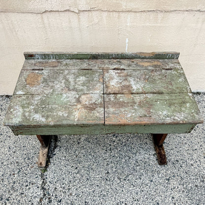 Antique French Primitive Rustic Green Distress Painted Flip Top Wood School Desk