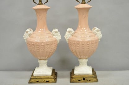 Vintage Italian Neoclassical Pink Porcelain Urn Table Lamps w/ Bearded Man, Pair