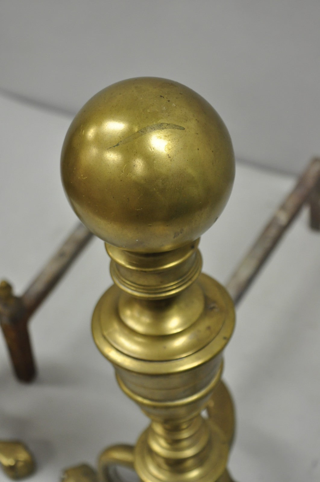 Antique English Victorian Brass Cannonball Ball and Claw Fireplace Andirons Pair