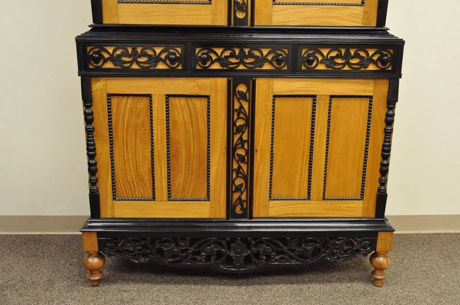 Ceylonese British Colonial Style Satinwood Ebony Mahogany Hutch Cupboard Cabinet