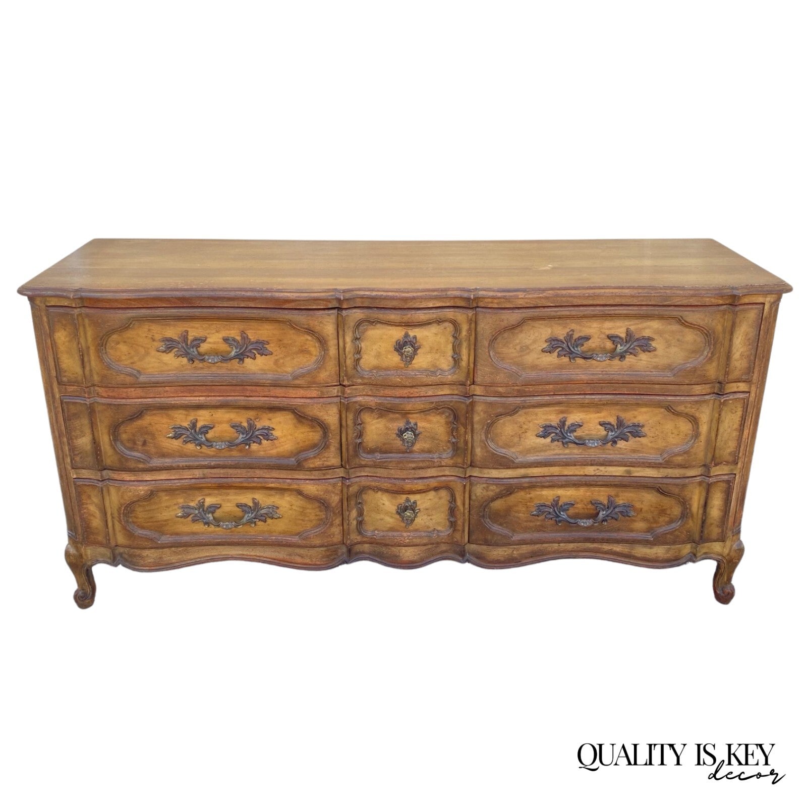 Vintage Auffray & Co French Country Provincial Walnut 9 Drawer Dresser Credenza
