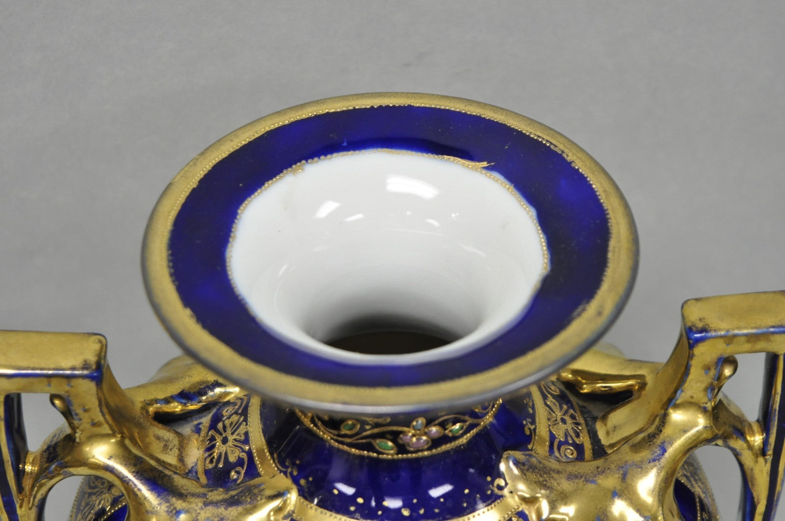 Antique Nippon Hand Painted Cobalt Blue Porcelain Twin Handle Bolted Urn Vase