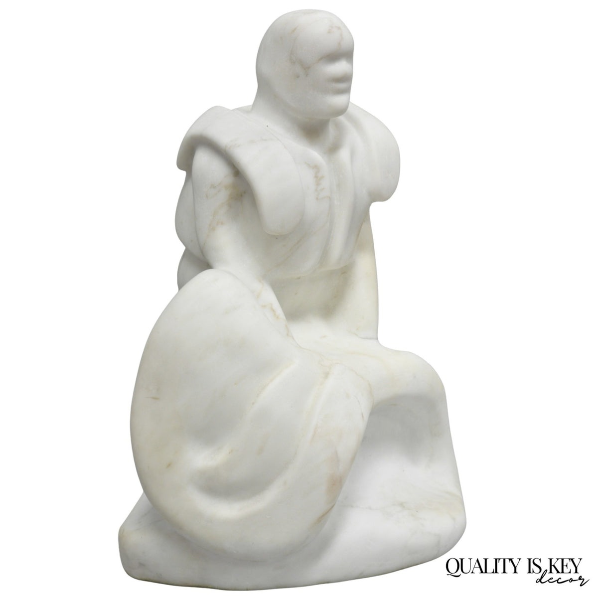 Vintage Seymour Shuren Modern White Carved Marble Male Soldier Figure Sculpture