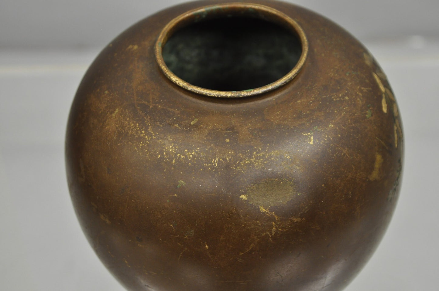 Vintage Chinese Bronze Hand Painted Bird Crane Oriental Bulbous Bud Vase