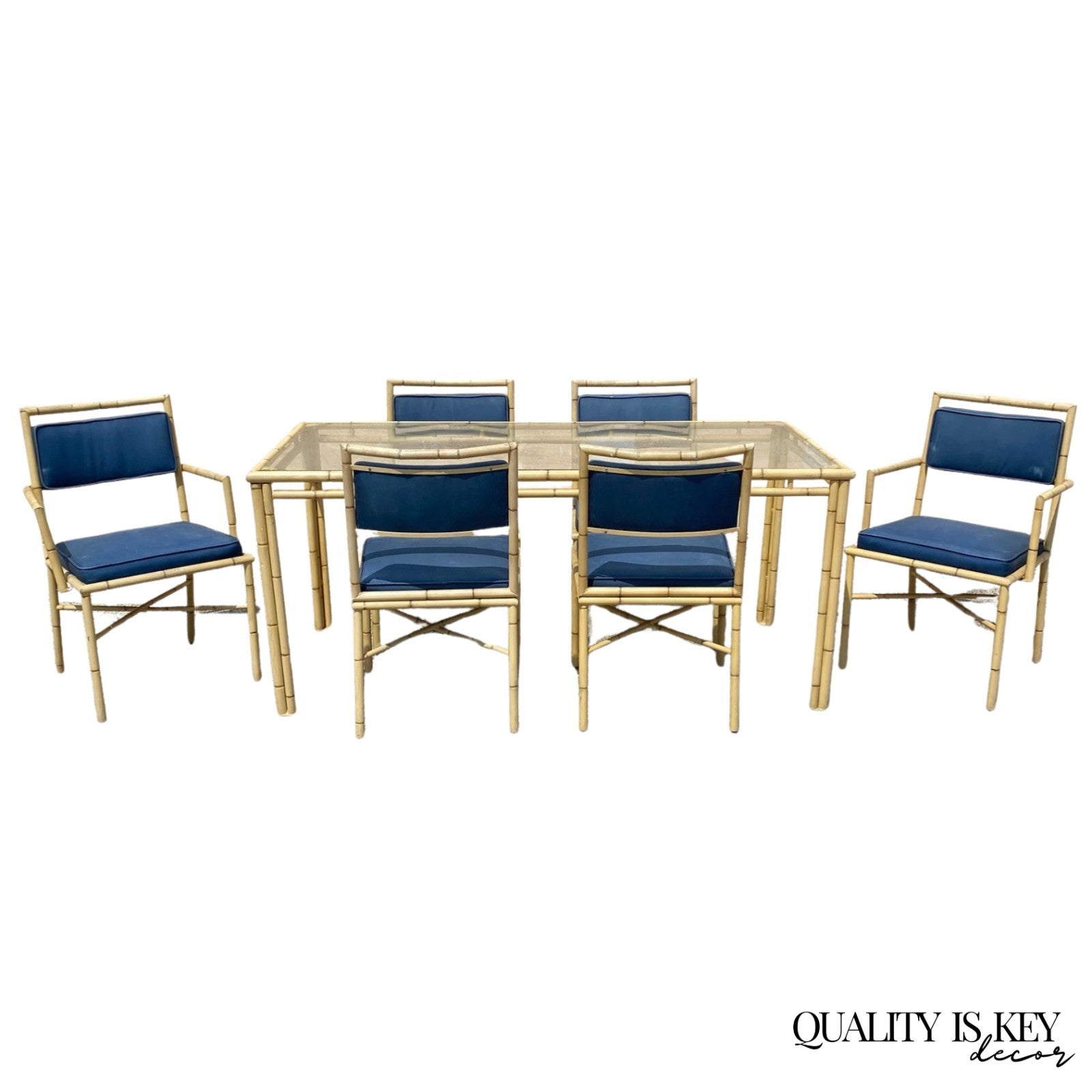 Vintage Chinese Chippendale Metal Cast Aluminum Faux Bamboo Dining Set 7 Pc Set
