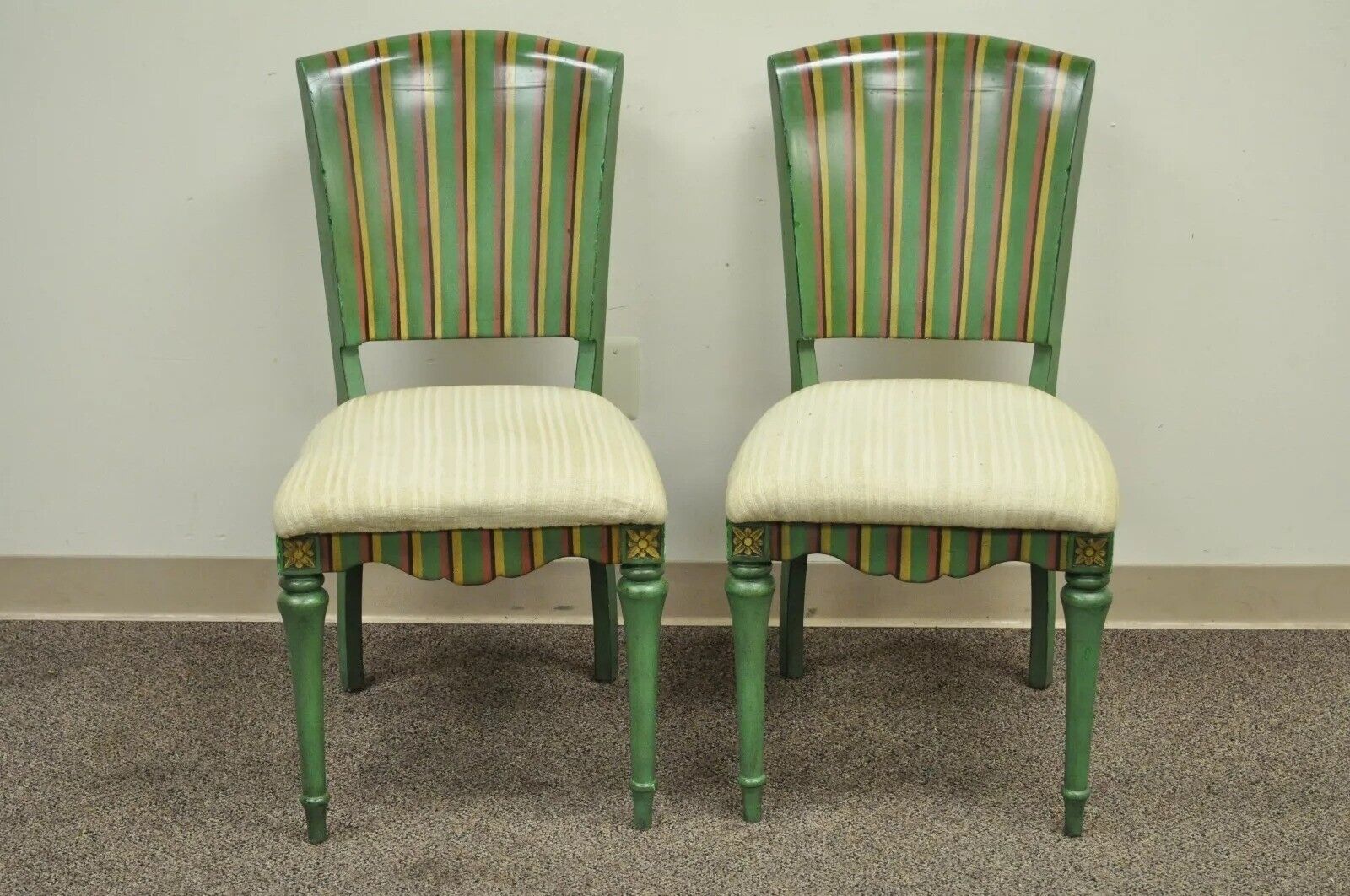 French Country Style Hollywood Regency Green Painted Dining Side Chairs - Set 4