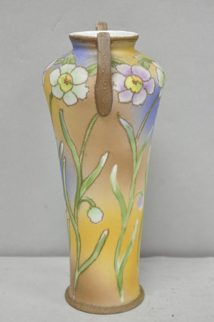 Nippon Coralene Decorated Royal Kinjo Japan Hand Painted Porcelain Handled Vase