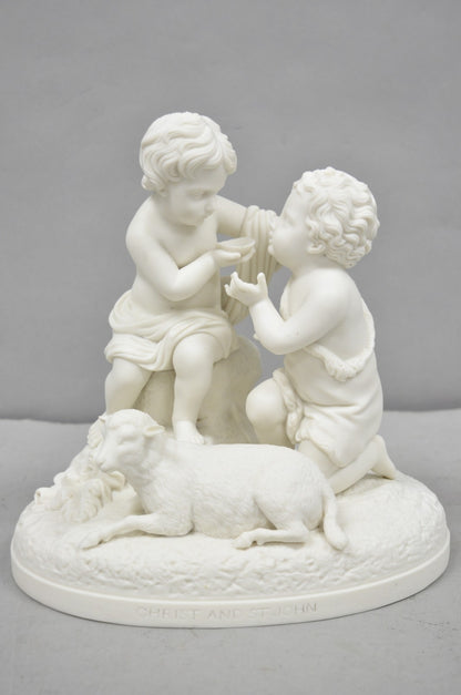 French Parian Porcelain Bisque "Feed My Lambs" Christ & St John Statue Sculpture