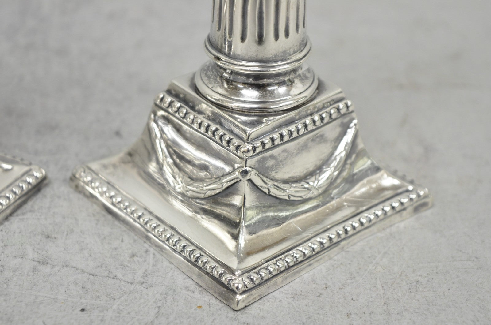 Vintage English Regency Silver Plated Classical Column Small Candlesticks - Pair