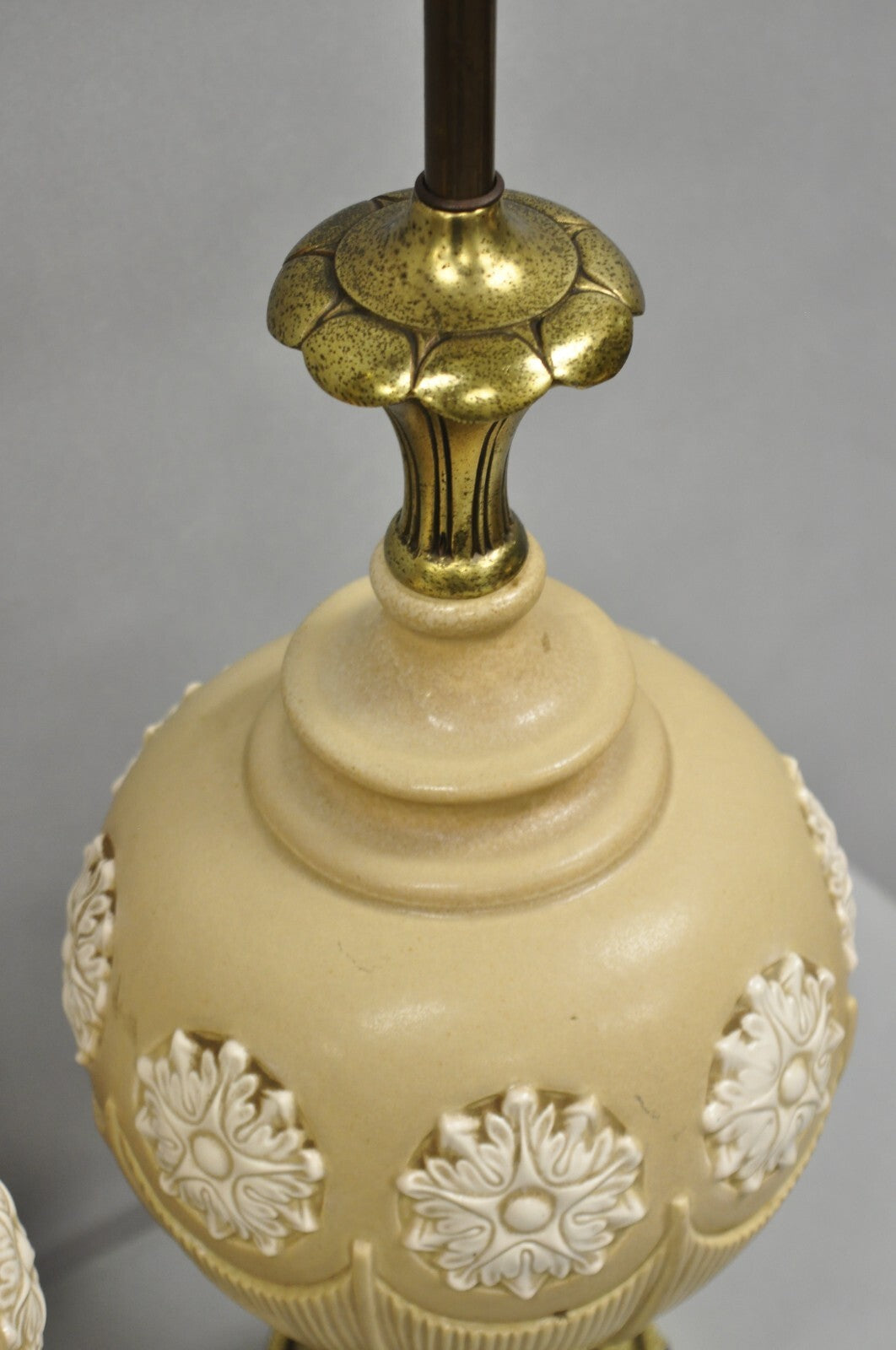 Vintage Hollywood Regency Beige Bulbous Ceramic Snowflake Table Lamps - a Pair