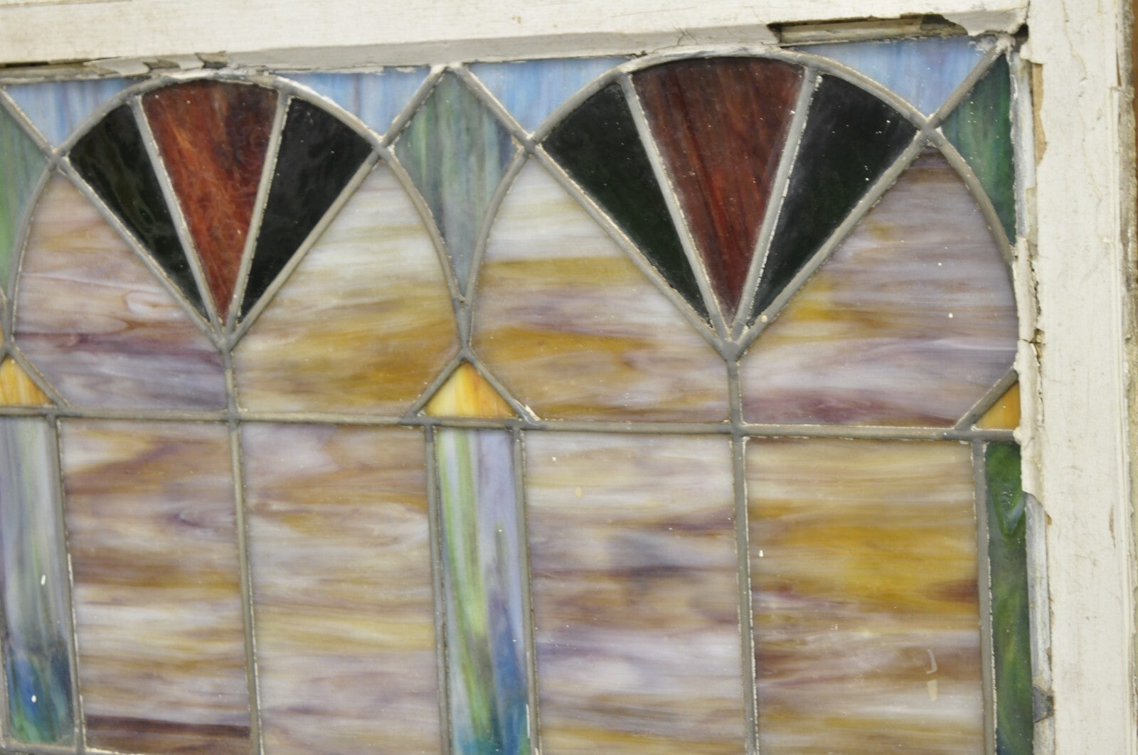 Antique Victorian Stained Leaded Glass Blue Green 24x48 "Fan" Window Transom