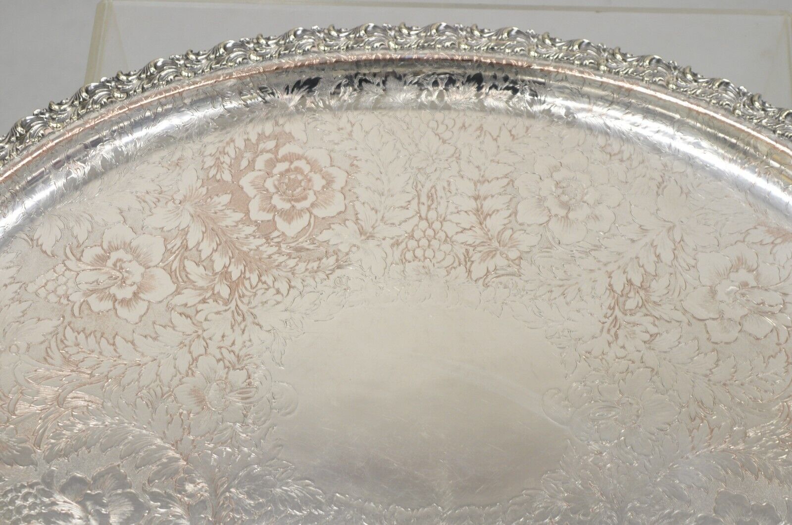 Antique English Victorian Art Nouveau Floral Repousse Oval Serving Platter Tray