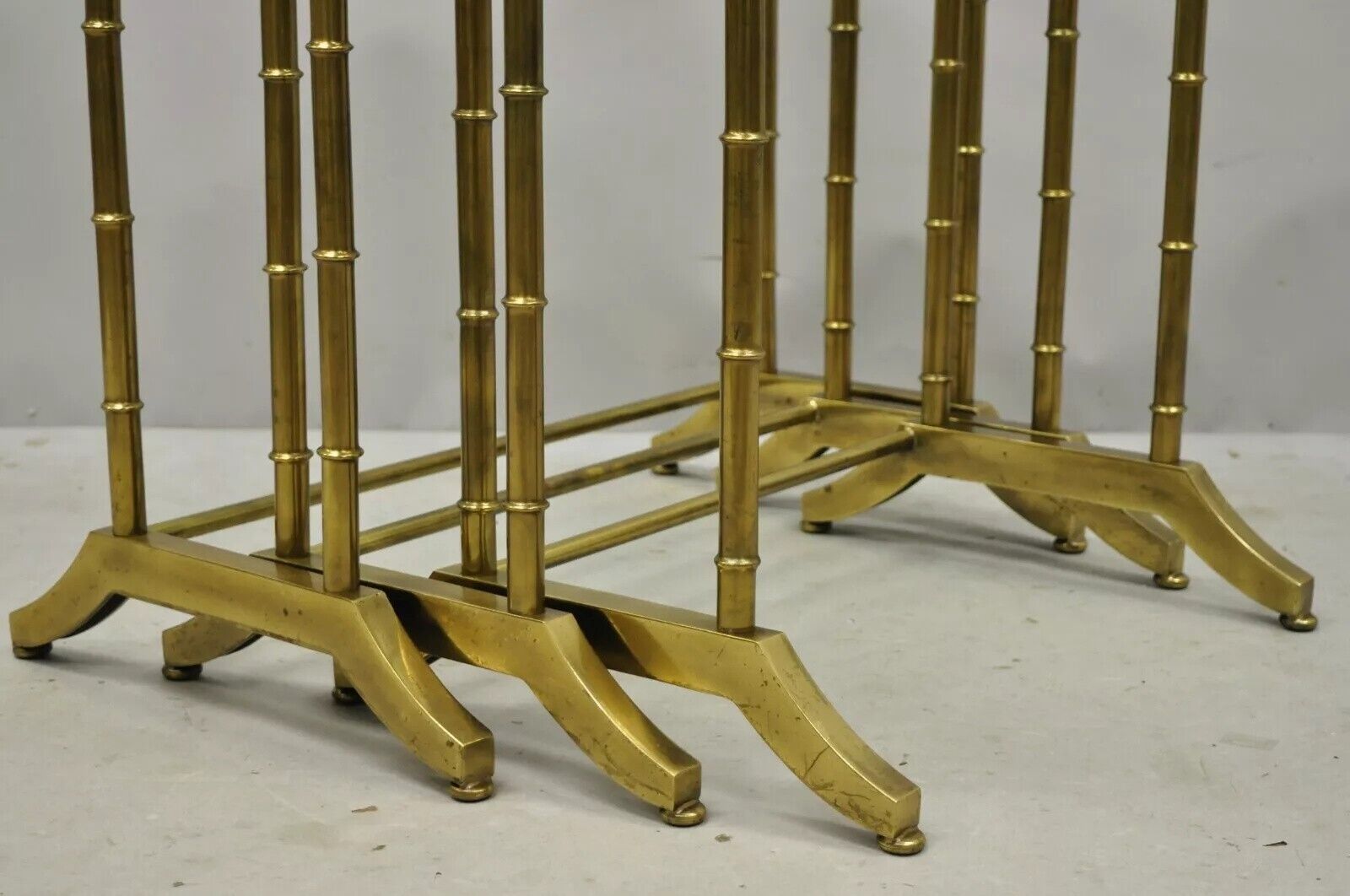 Mastercraft Hollywood Regency Brass Faux Bamboo Glass Top Nesting Side Tables