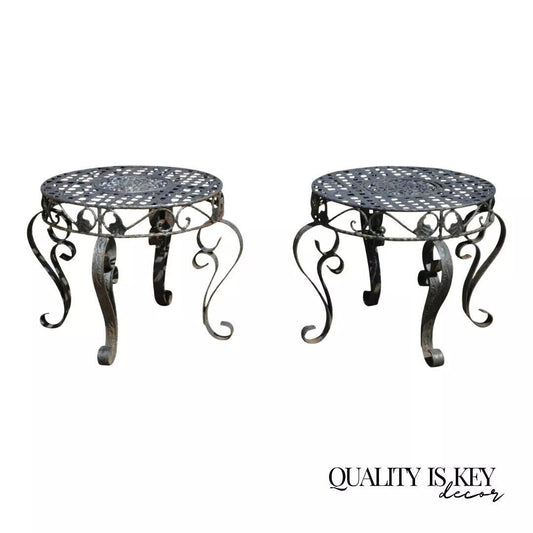 French Art Nouveau Style Wrought Iron Lattice Top Round Side Tables - a Pair