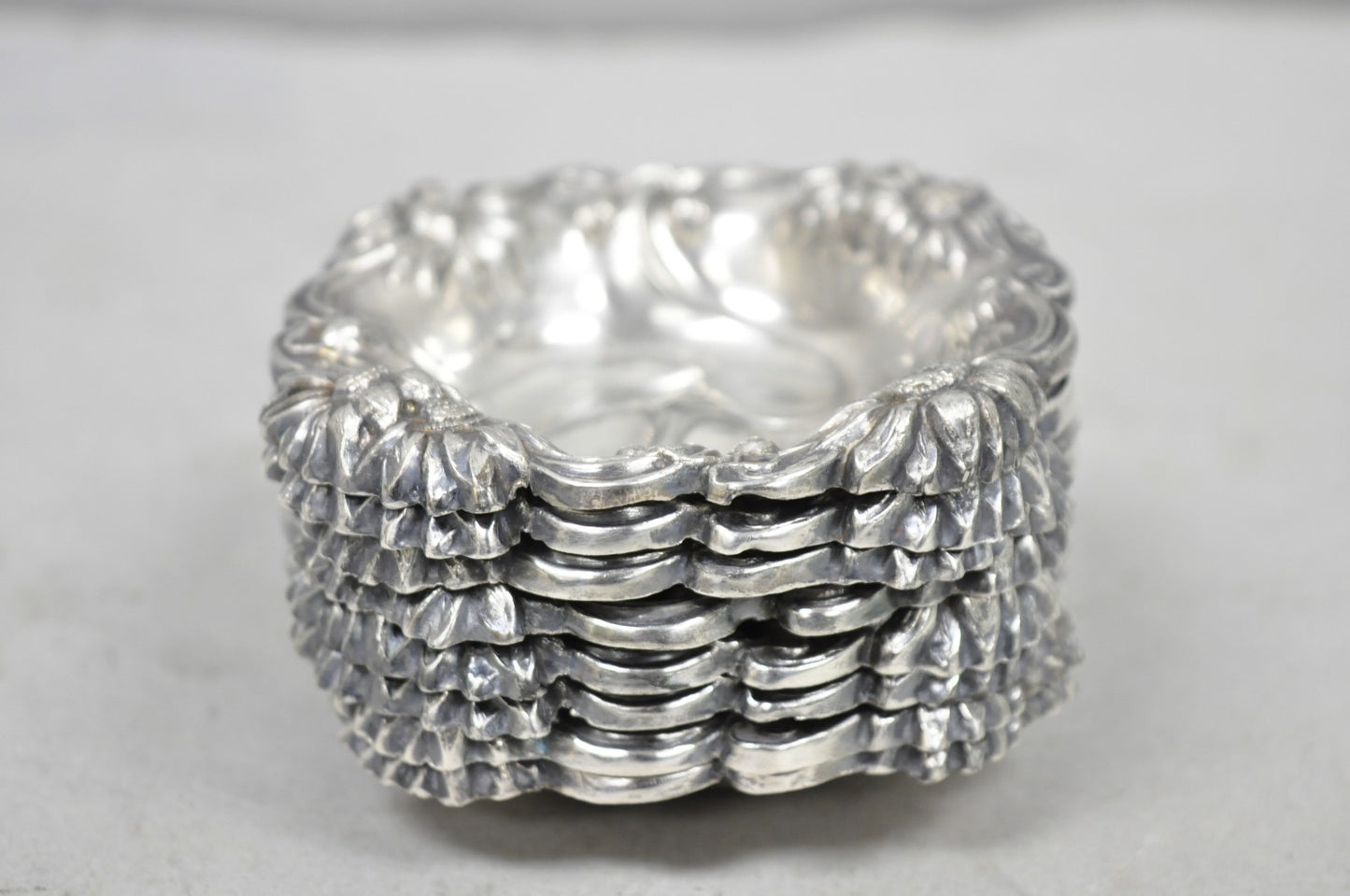 Antique English Art Nouveau Silver Plated Floral Repousse Nut Dish Bowl Set of 8