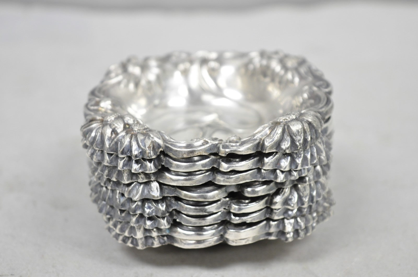 Antique English Art Nouveau Silver Plated Floral Repousse Nut Dish Bowl Set of 8