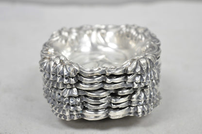 Antique English Art Nouveau Silver Plated Floral Repousse Nut Dish Bowl Set of 8