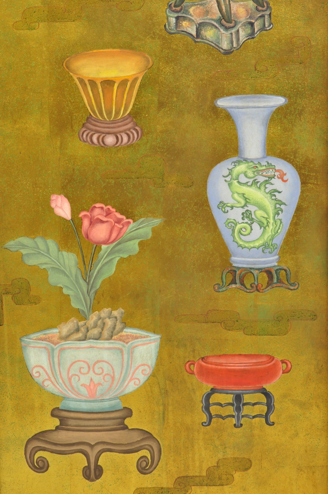 Vintage Chinoiserie Gold Hand Painted Chinese Vase Wall Panel Plaque - a Pair