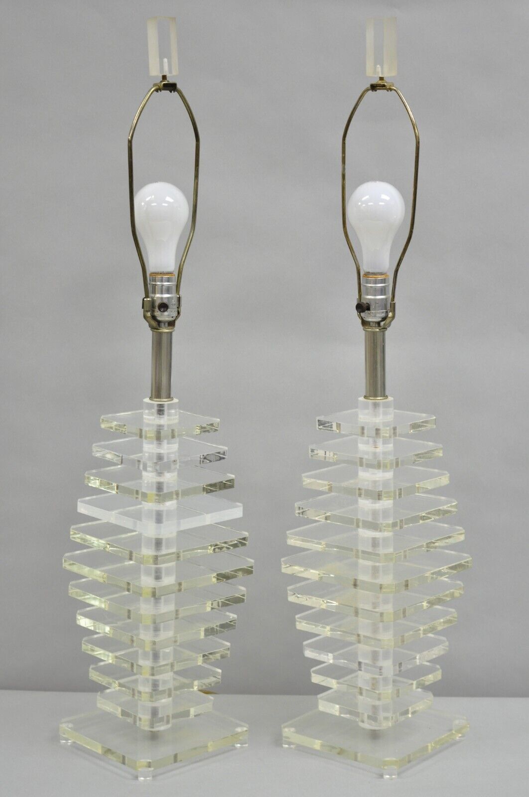 Vintage Mid Century Modern Stacked Lucite Skyscraper Table Lamps - a Pair