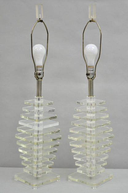 Vintage Mid Century Modern Stacked Lucite Skyscraper Table Lamps - a Pair
