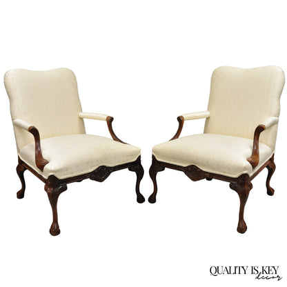 Vintage Thomasville Georgian Style Carved Mahogany Lounge Arm Chairs - a Pair