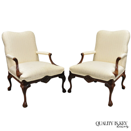 Vintage Thomasville Georgian Style Carved Mahogany Lounge Arm Chairs - a Pair