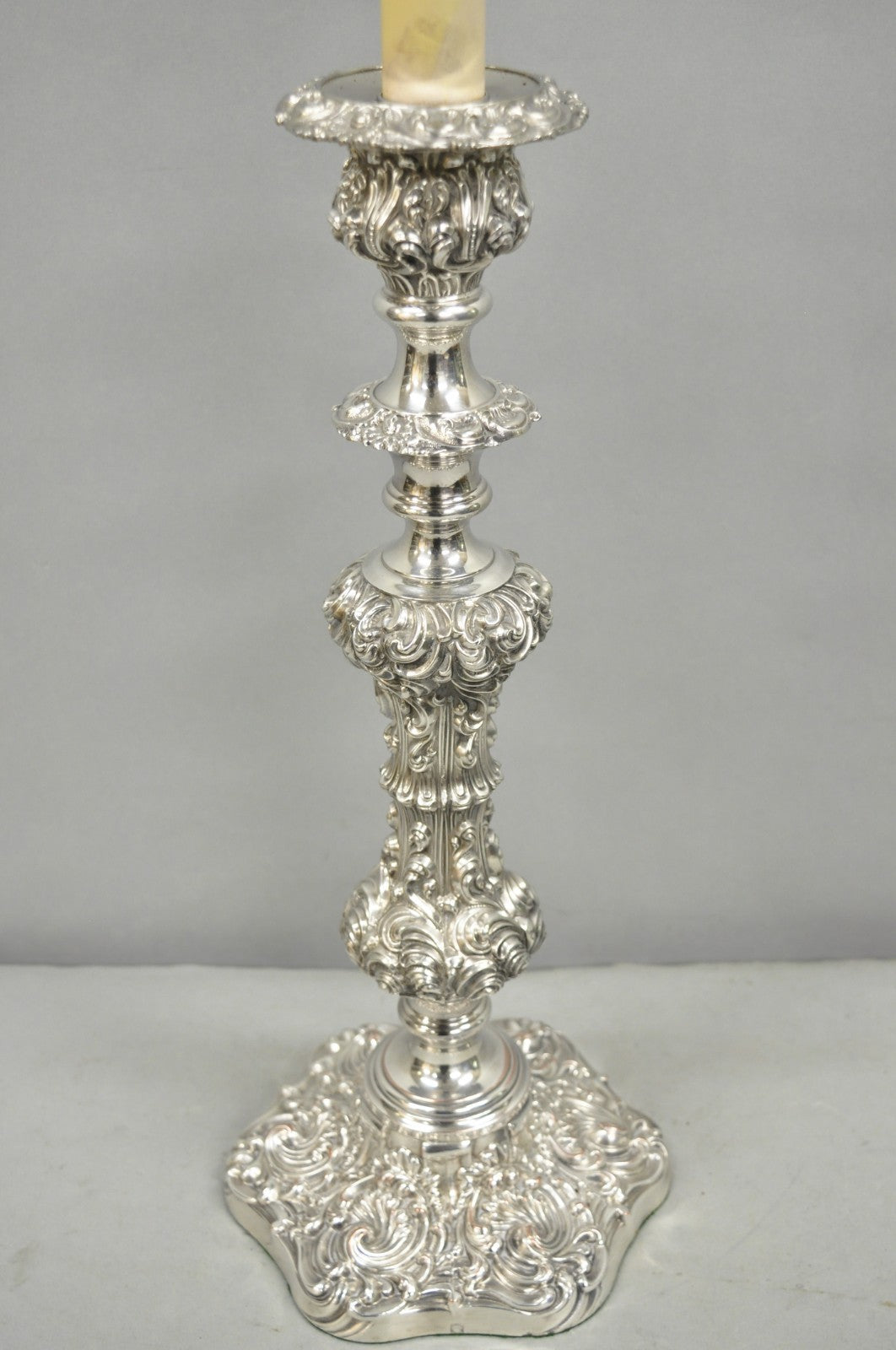 Antique English Victorian Silver Plated Scroll Repousse Candlestick Table Lamp